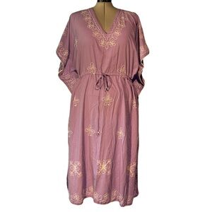 Embroidered Lavender Caftan Dress – Boho Goddess Loungewear – Adjustable Waist